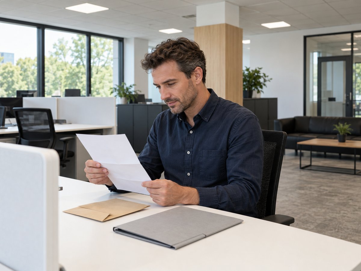 Un dirigeant lit un courrier officiel dans l'open space du centre d'affaires Unita Business Zaventem