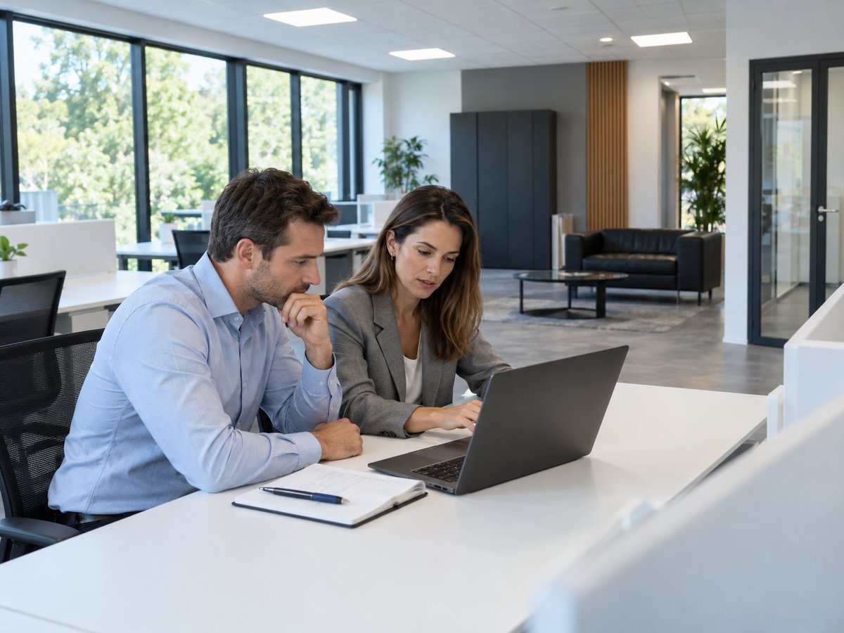 Deux dirigeants préparent une assemblée générale de SRL dans l'open space du centre d'affaires Unita Business Zaventem